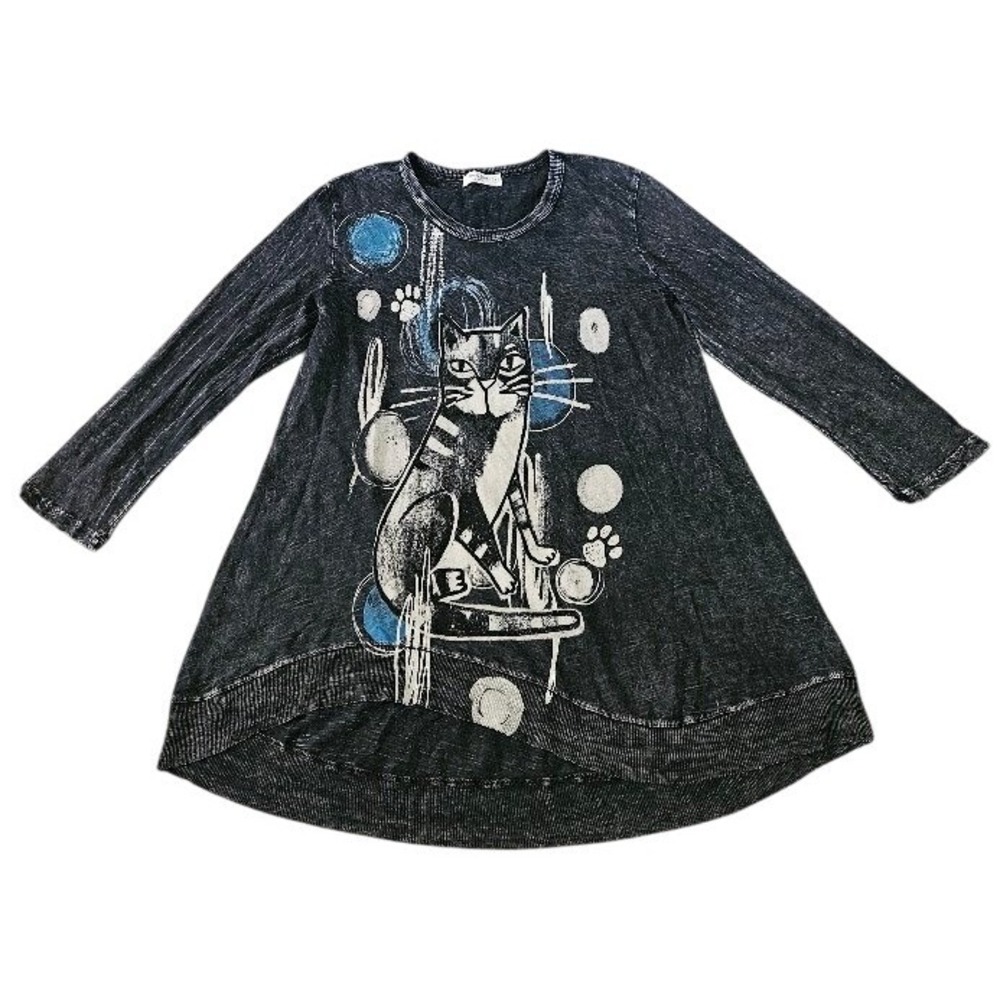 Jess & Jane Womens Cat Graphic Tunic Top Small Charcoal Mineral Wash High Low